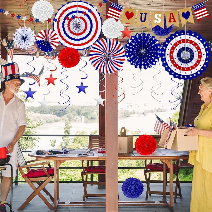 26 PCS 4th of July Decorations, 250th Memorial Day Red White Blue Paper Fans Decorations, 4th of July Banner Pompom Garland and Hanging Swirls Set for Fourth of July Independence Day Decor