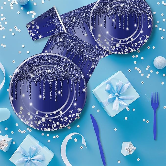 Navy Blue Plates And Napkins Party Supplies, Blue Glitter And Silver Party Decorations Tableware for Bridal Shower Birthday Baby Shower, Paper Plate, Napkin, Cup, Disposable Cutlery, Serves 24