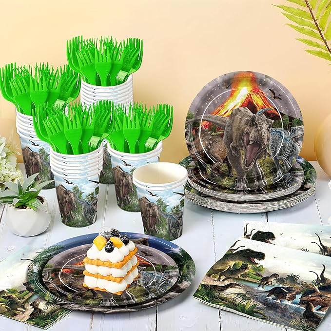 Dinosaur Birthday Party Supplies Dino World Baby Kids Happy Birthday Party Disposable Tableware Set Plates Napkins Cups Green Forks for 24 Guests