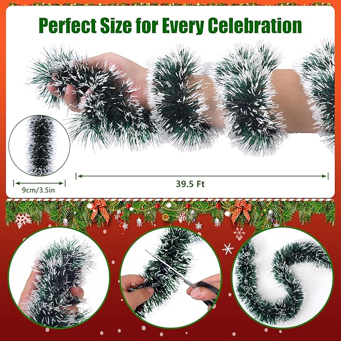 39.5 Ft Christmas Tinsel Garland, Reusable Holiday Metallic Christmas Tree Garland Decoration for Xmas, Wedding, Birthday, Home Party Decor (Green and White)