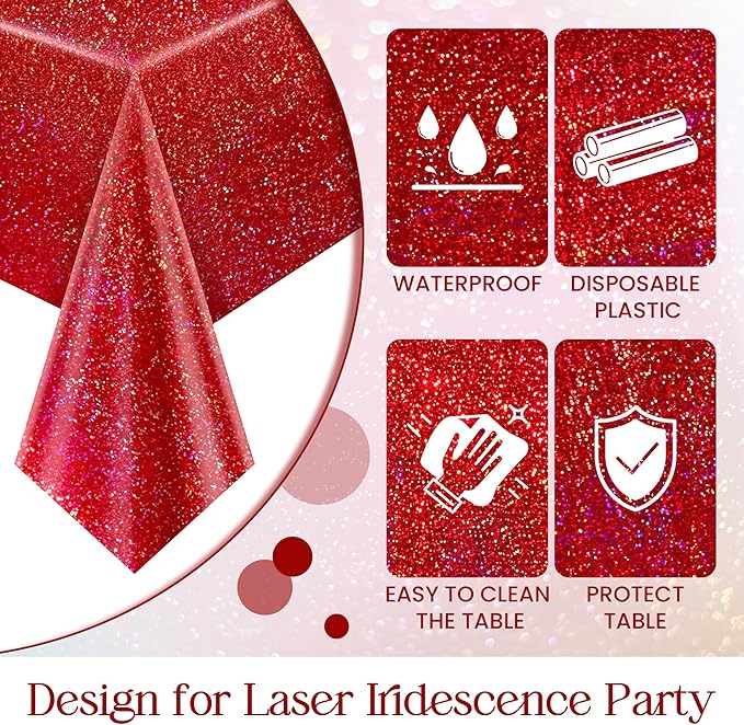 8 pcs Red Holographic Laser Tablecloths for Parties 40" x 108" Table Cloth Iridescence Shining Table Decoration For Valentines Galentines Day Princess Graduation Christmas Birthday Party Supplies