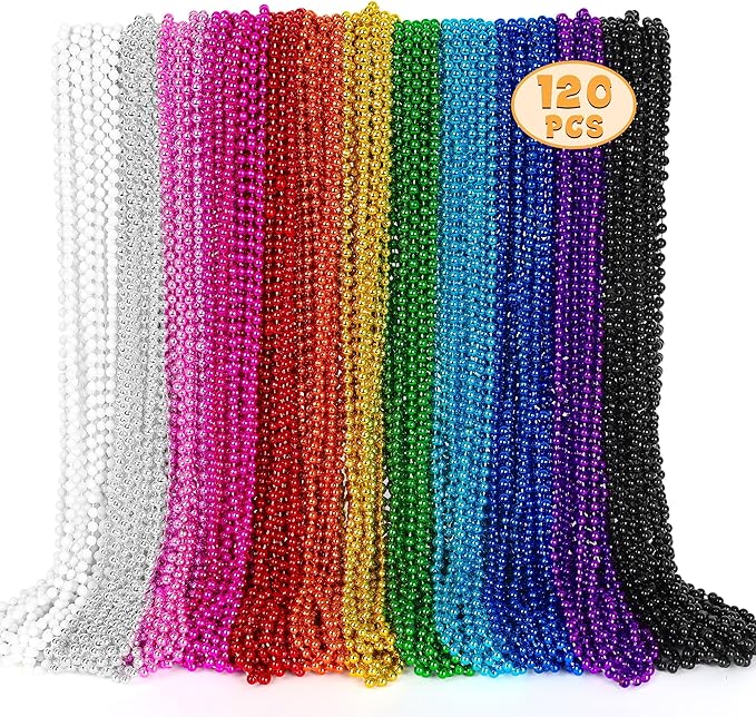120PCS Mardi Gras Beads, Metallic 12 kinds Bead Necklace Party Favors, 33" Mardi Gras Necklace Bulk Accessories Stuff, Festival Parade Throw for Wedding Birthday Mardi Gras Celebrations Decorations