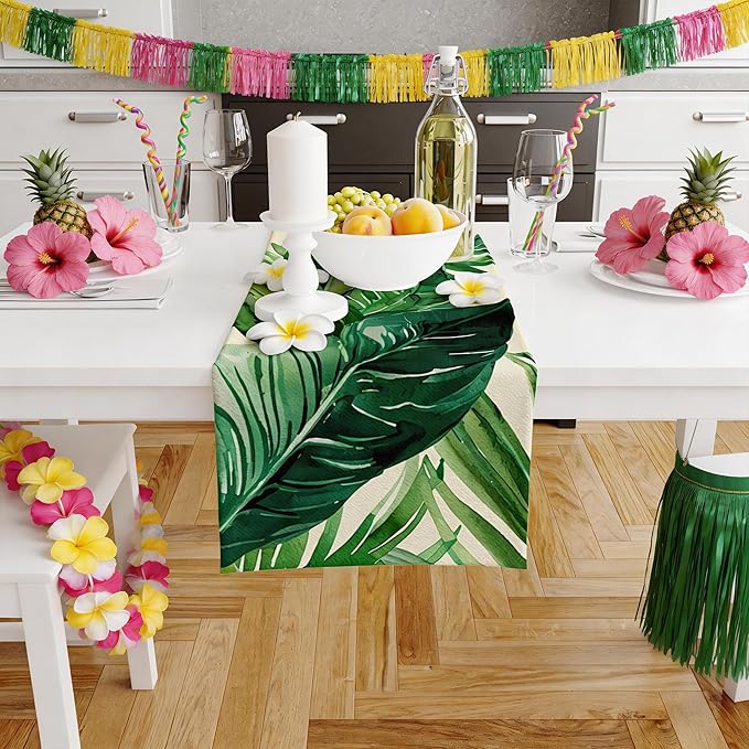 Luau Party Decorations - Palm Leaves Table Runner | Hawaiian Theme Party Decorations for Summer - Tropical Beach Backdrop Decor Birthday Party Supplies Favors for Home Kitchen Dining