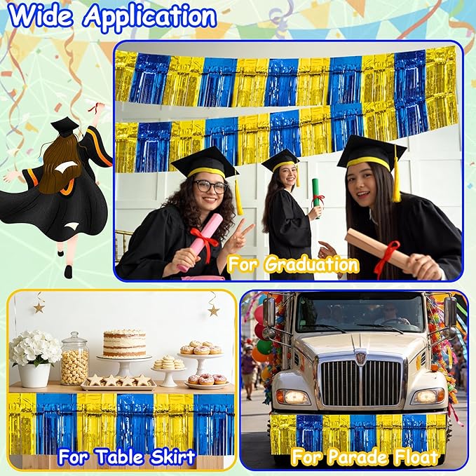 4 Pack 10 Feet Graduation Parade Floats Foil, Royal Blue Gold Fringe Garland Tinsel Streamers Banner Fringe Curtain Banner for Graduation Homecoming Birthday Party Decorations (Royal Blue, Gold)