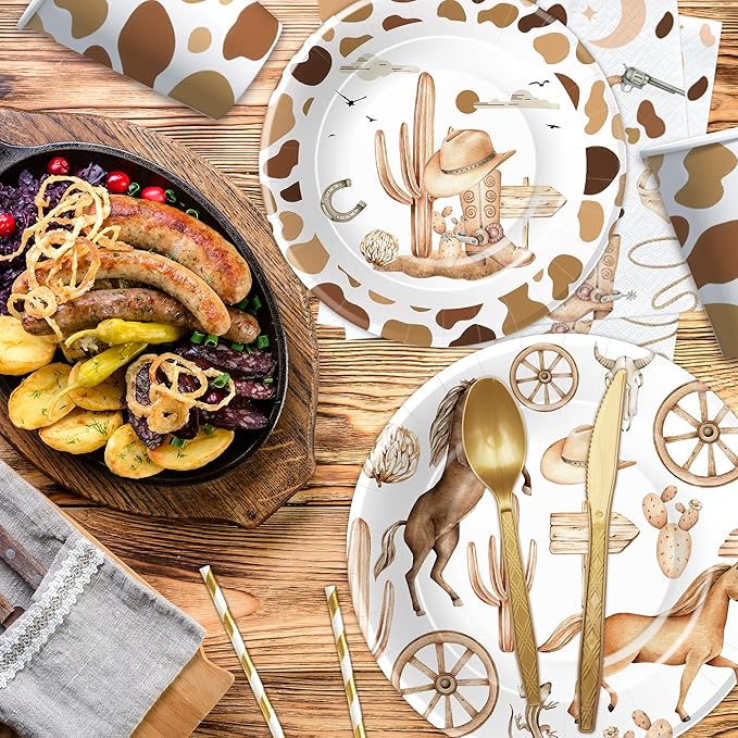 APOWBLS Western Cowboy Party Decorations Dinnerware - Wild West Party Supplies, Paper Plate, Cup, Napkin, Fork, Western Cowboy Rodeo Theme Birthday Baby Shower Decorations Tableware | Serve 24 Guests