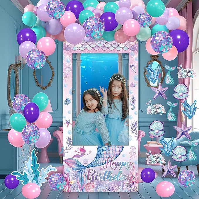 Mermaid Birthday Decorations for Women,Happy Birthday Banner, 35 Balloons,Photo Booth Props for Kids Girls