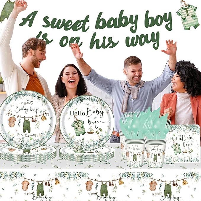 Baby Boy Shower Party Decorations – 194 PCS A Sweet Boy Is On His Way Party Supplies for 24 Guests, Includes Plates, Cups, Napkins, Cutlery, Banner & Tablecloth