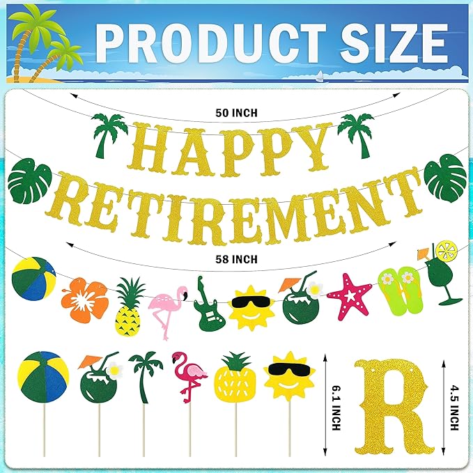 Tropical Hawaiian Luau Retirement Party Decorations, Summer Beach Pool Happy Retirement Party Supplies (Retirement Banner Garland Cake Topper Set Balloon Set Paper Lanterns Retired Sash)