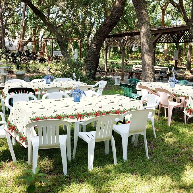 OBUSATT 3pcs Christmas Party Tablecloth Holly and Pine Cone Merry Christmas Holiday Table Cloth 108 x 54 Inch Rectangle Waterproof Xmas Holiday Table Cover Decorations for Christmas Party Supplies