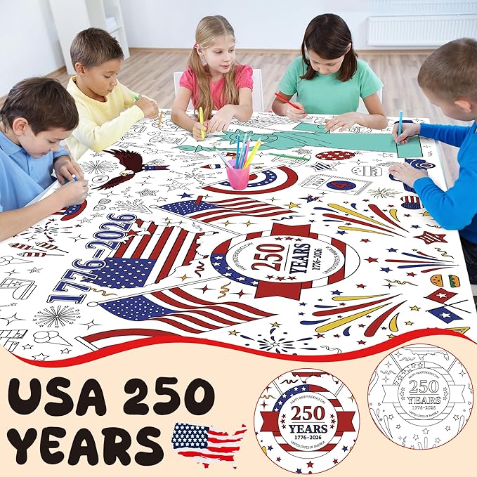 OHOME 4th of July Giant Coloring Poster/Tablecloth - 250 America Anniversary USA Decorations,Kids July 4th Crafts Games Activities Toys Decor Party Decor for Classroom School
