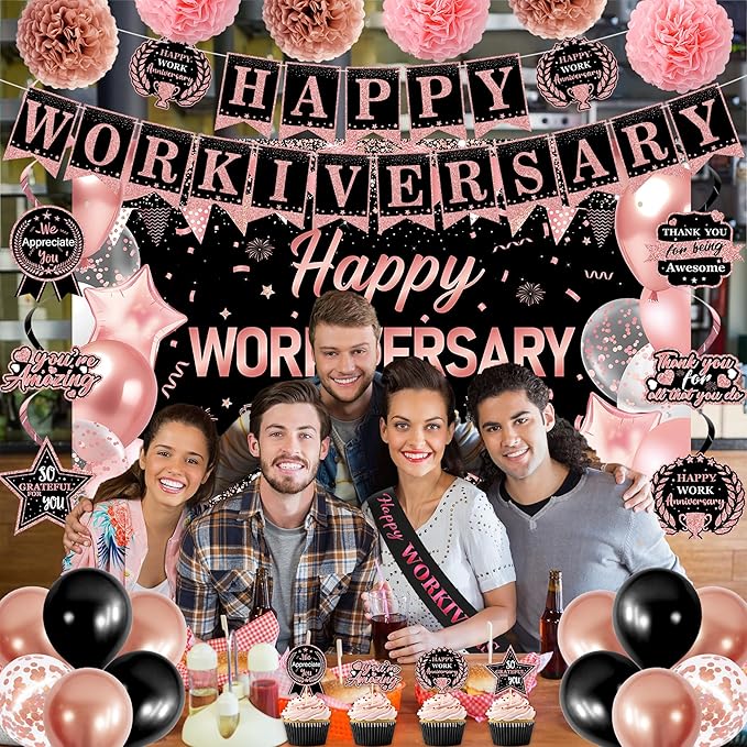 DARUNAXY Happy Workiversary Party Decorations for Women, Rose Gold Happy Work Anniversary Banner Cake Topper Hanging Swirl Confetti Balloons Decor Set for Pink Employee Office Party Supplies for Girls