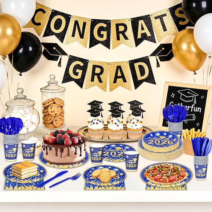 175PCS Graduation Plates and Napkins Set 2026 Graduation Party Supplies Tableware Set Include Paper Plate Napkin Cup Knife Fork Spoon for Grad Party Decor Serve25 (Blue and Gold)