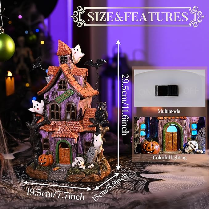 Valery Madelyn Haunted House Figurine with Bat Ghost Pumpkin for Halloween Decorations, Large Pre-Lit Lighted Resin Village Statue with LED Light for Indoor or Outdoor Party Table Decor, 12 inch