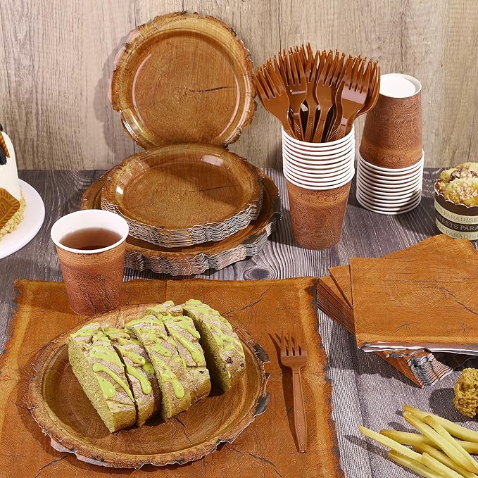 Kochorie 144 Pieces Camping Wood Grain Slice Tableware Sets Rustic Wood Party Decorations Paper Plates Napkins Cups Forks Serves 24 for Forest Themed Party Decorations Hunting Birthday Supplies
