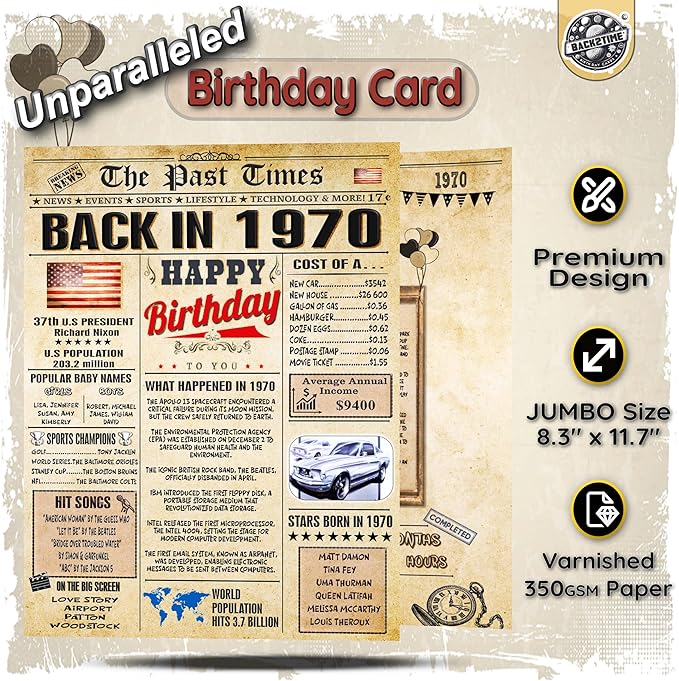 56th Birthday Card for Women Men - Back In 1970 Newspaper - 56 th Happy BIRTHDAY card - 56 birthday gift for Her Him - JUMBO size - 56th birthday decorations Dad Mom - Best gifts for 56 year old