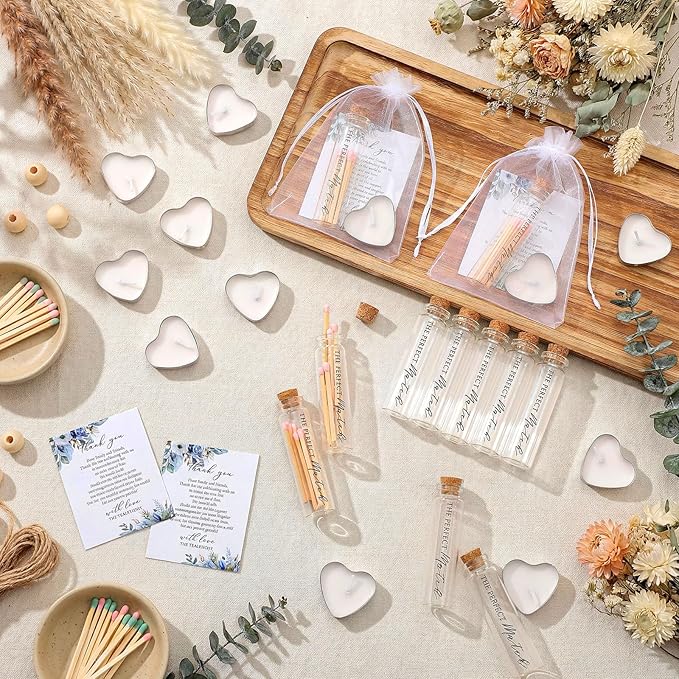Wovnet 50 Sets Wedding Party Favors for Guests Bulk Including Heart Shaped Candles and Empty Matches Jars with Cork Top Thank You Cards and Organza Bags for Wedding Bridal Shower Party (Blue Flower)