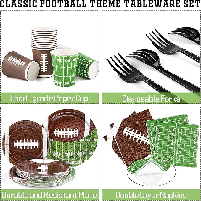 durony 144 Pieces Football Party Supplies Tableware Set Disposable Paper Plates and Napkins Forks Serve 24 Guests Football Table Buffet Decoration for Football Birthday Party Supplies
