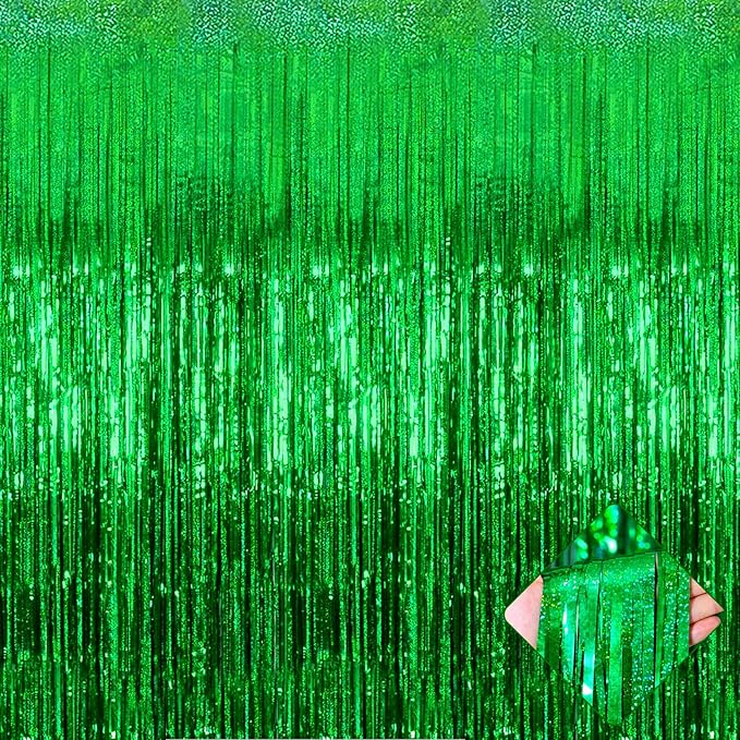 4 Pack 3.2Ft x 8.2Ft Green Foil Fringe Curtain Backdrop, Metallic Tinsel Foil Fringe Streamers Curtains Background for Photo Booth, Birthday, Wedding, Disco, Bachelorette, Christmas Party Decoration