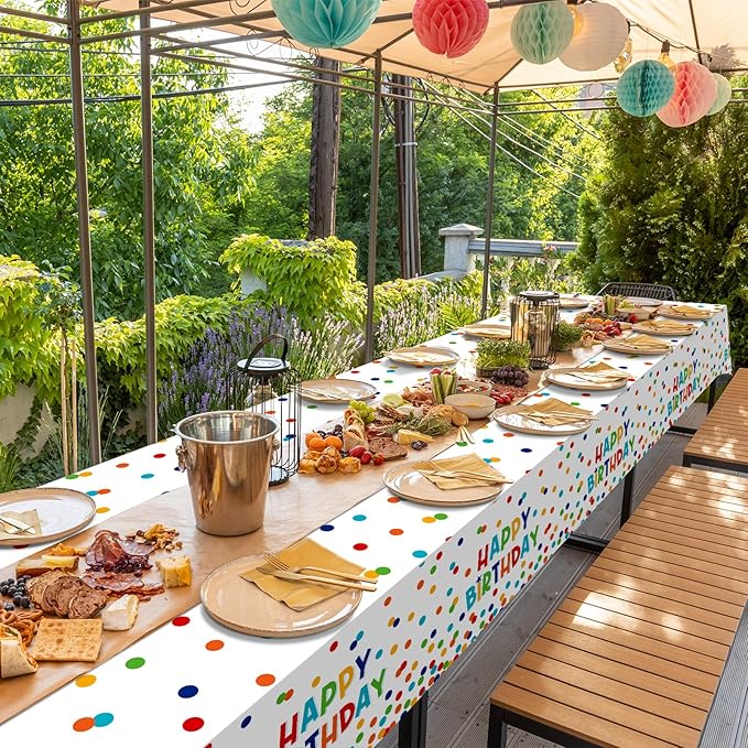 3 Pack Happy Birthday Plastic Tablecloth Decorations,Disposable Colorful Polka Dots Table Cloths,Rectangle Waterproof Table Cover for Girls Boys Birthday Baby Shower Party Decorations,54x108 Inch