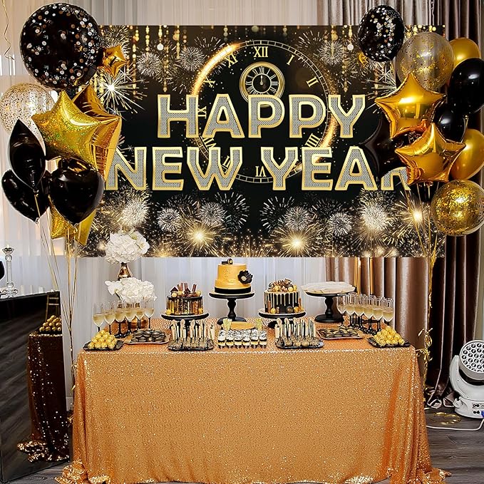 HAPPY NEW YEAR Hanging Extra Large Fabric Sign Poster Black Background Banner with Firework Pattern for New year Party Decorations