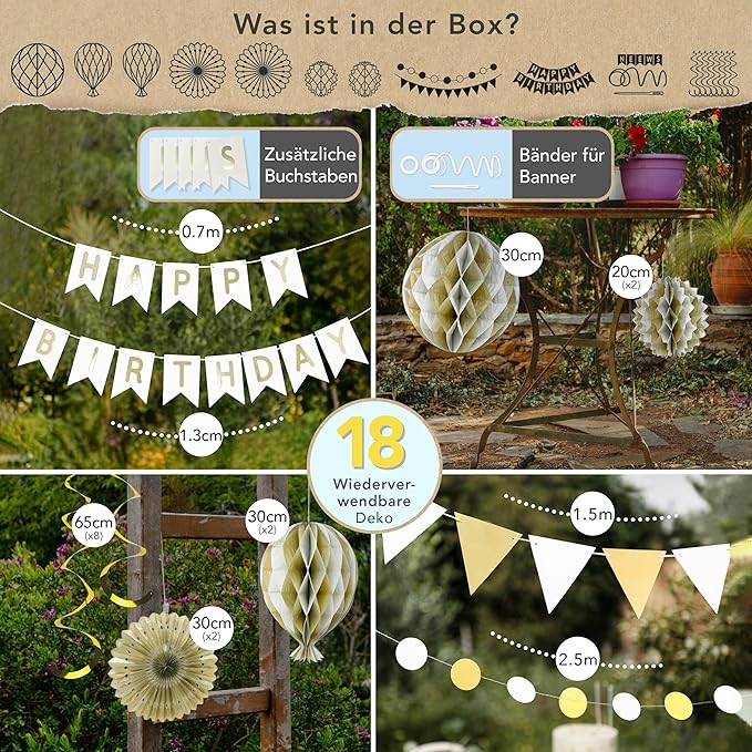 Premium Reusable Birthday Decorations - Multi-occasion Happy Birthday Banner also spells Party Day + more, Fast Assembly with Velcro - White and Gold Party Decorations for Men and Women