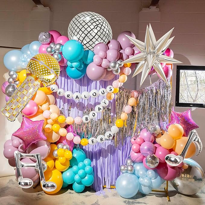 Music Fans Birthday Decoration,148 Pcs Balloon Arch Garland Kit with Microphone, Laser Star, Disco Mylar Balloon for music fans theme teenage girl Birthday Party Prom Decorations