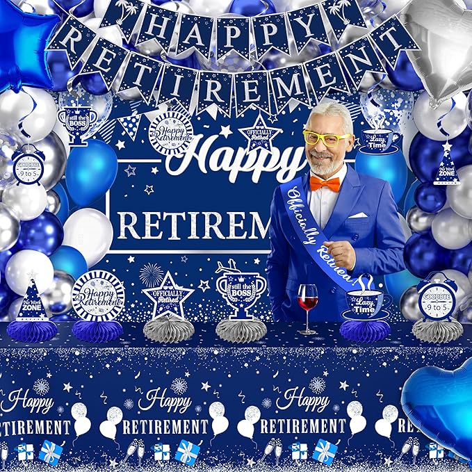 Retirement Party Decorations for Men Women 109Pcs Blue Silver Happy Retirement Decorations Include Banner Backdrop Balloons Sash Hanging Swirls Pompoms Tablecloth Honeycomb Centerpiece(Blue Silver)
