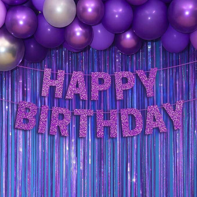 Pre-strung Happy Birthday Banner - No DIY - Purple Glitter Happy Birthday Party Banner for Girls & Women - Pre-strung on 8 ft Strands - Purple Bday Party Decorations & Decor. Did We Mention No DIY