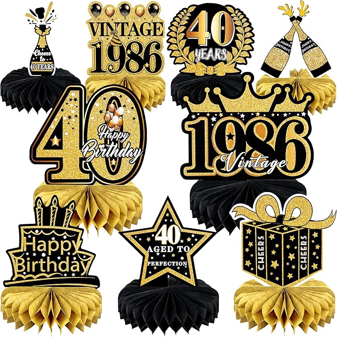9 Pcs 40th Birthday Decoration for Men Women Happy 40th Birthday Table Decorations Cheers to 40th Honeycomb Centerpieces Birthday Party Decorations Black and Gold 40th Birthday Party Favors