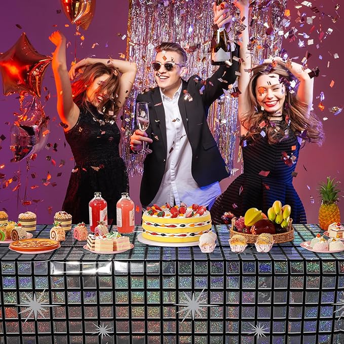 FunnyPars 1 Pack Disco Tablecloth Party Decorations, Shiny Iridescent Disposable Laser Rectangle Table Covers, Silver Plastic Table Cloth for 70s Disco Birthday Theme Party Decorations, 39 x 108Inch