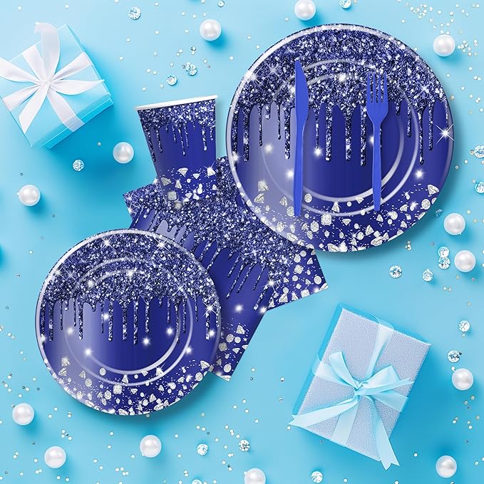 Navy Blue Plates And Napkins Party Supplies, Blue Glitter And Silver Party Decorations Tableware for Bridal Shower Birthday Baby Shower, Paper Plate, Napkin, Cup, Disposable Cutlery, Serves 24