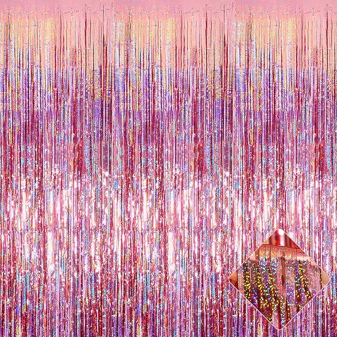4 Pack 3.2Ft x 8.2Ft Rose Gold Foil Fringe Curtain Backdrop, Metallic Tinsel Foil Fringe Streamers Curtains Background for Photo Booth, Birthday, Wedding, Disco, Bachelorette, Christmas Party Decor