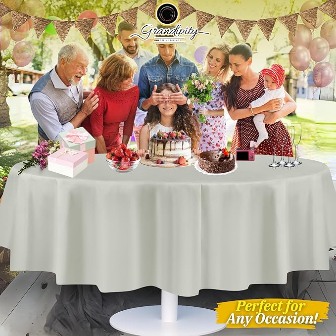Grandipity 12 Pack Premium Disposable Plastic Tablecloth 84" Inch Decorative Round Table Cover - Light Grey