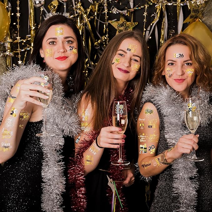 135 Styles New Years Eve Party Supplies, 12 Sheets Glitter New Year Tattoos, 2026 NYE Decorations, Black Gold Silver NYE Party Favors Tattoos Stickers, Holiday Festival Eve Decor