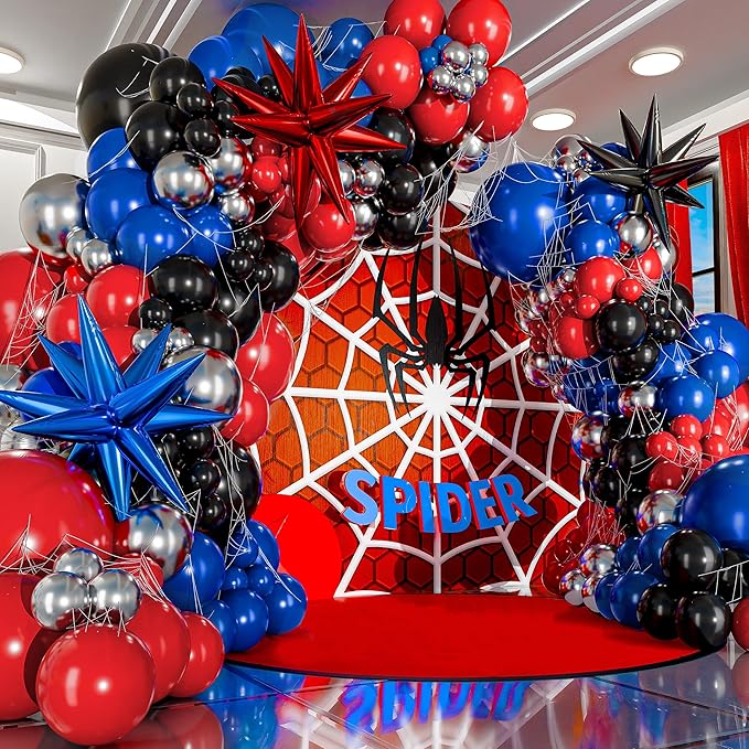 ALL-IN-1 Spider Balloon Arch Kit with BONUS Starburst for Spidy Birthday Decorations - Red Blue Spider Balloons for Spidy Man Party Decorations - Miles Birthday Decoration, Spidey Balloons
