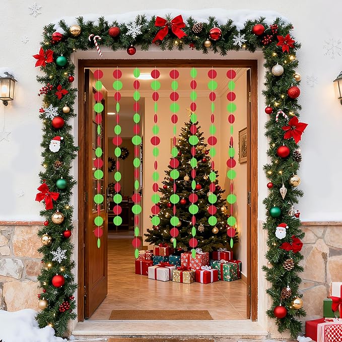 Christmas Party Supplies Decorations Set, Merry Christmas Banner, Foil Balloons, Hanging Swirls, Red and Green Metallic Fringe Curtains, Circle Dots Garland