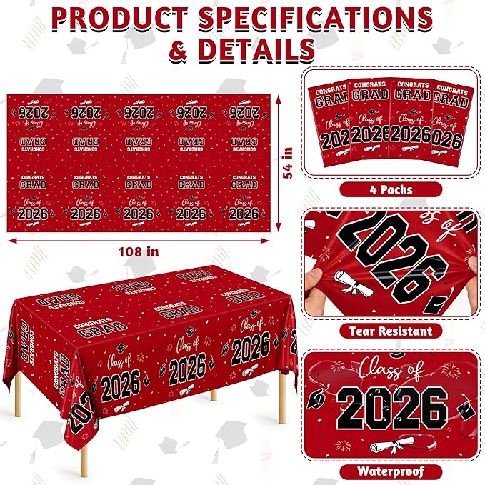 QZYL 4 Pack Graduation Table Cloth, 54" x 108" Red 2026 Graduation Table Decorations, Disposable Grad Party Decorations for College, Rectangle Plastic Tablecloth for Class of 2026 Congrats Grad