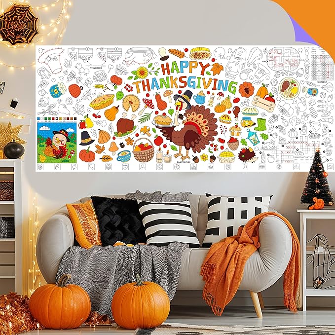 Thanksgiving Coloring Poster, Large Coloring Activity Paper 75” x 31” Jumbo Size Versatile Paper DIY Painting Drawing Banner/Tablecloth for School, Autumn Theme Parties, Wall Decor