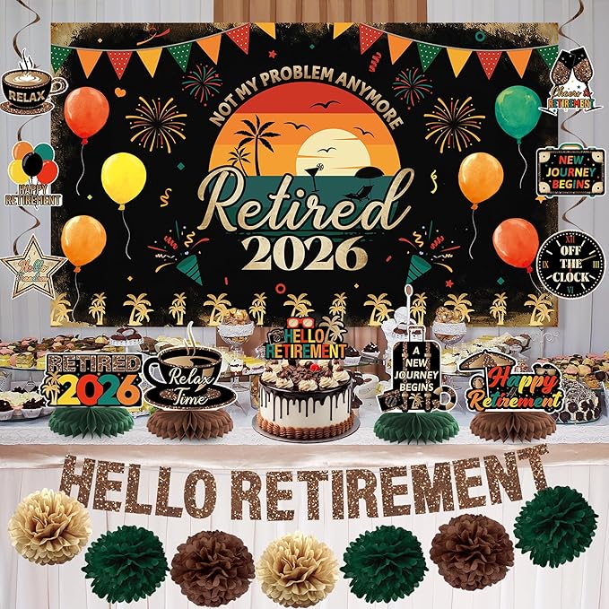 Holkcog Retirement Party Decoration, Vintage 2026 Retired Banner Background, Hello Retirement Honeycomb Centerpieces Hanging Swirls Cake Top, Office 2026 Retired Farewell Good Luck Goddbye Party Decor