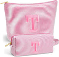 Initial Makeup Bag for Women - Travel Pouch, Portable Personalized Cosmetic Bag Make up Kit Pouch | Travel Essentials Cute Makeup Bag Birthday Gifts for Women, Pink Letter T