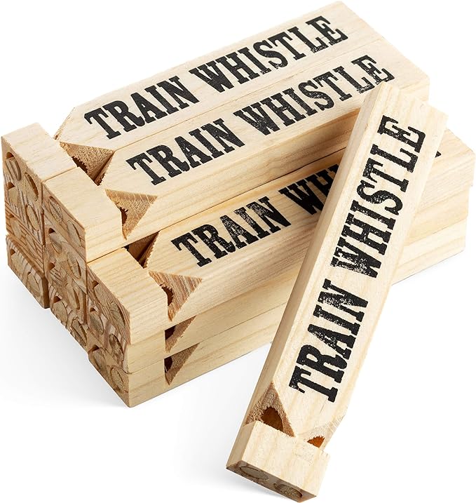 Wooden Train Whistles (Pack of 12) - Wood Train Whistle for Kids, Train Party Favors, Theme Birthday Decorations, Noisemakers, Goodie Bag Filler, Small Game Prizes, Stocking Stuffers