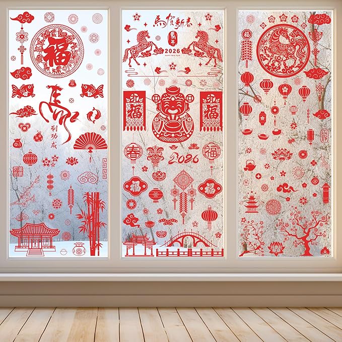 9 Sheets Chinese New Year Window Clings, Horse Year Decor for Window, 2026 Lunar New Year Decorations, Red Spring Festival Decals Double-Sided Stickers for Festival Family Gathering Door Wall Decor