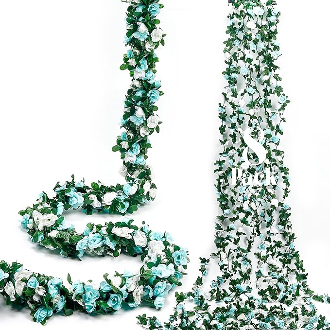 Miracliy 8Pcs 66FT Blue Flower Garland, Artificial Rose Floral Vines Fake Hanging Spring Flower Garland for Wall Backdrop Wedding Arch Tea Party Door Mantle Decoration (Each Pcs 8.2FT)