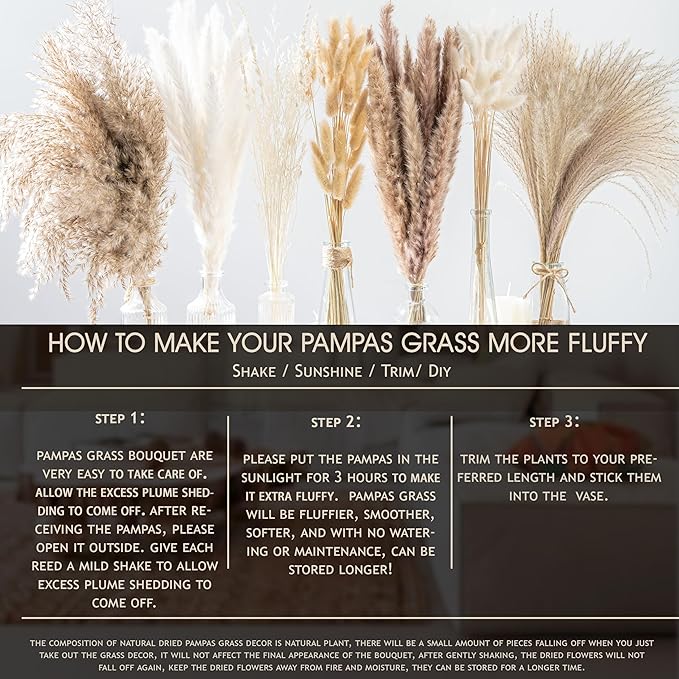 130PCS Natural Dried Pampas Grass Boho Home Decor Bouquet Phragmites Dried Flowers Bouquet for Wedding Floral Arrangements Living Room Decorations (130PCS)
