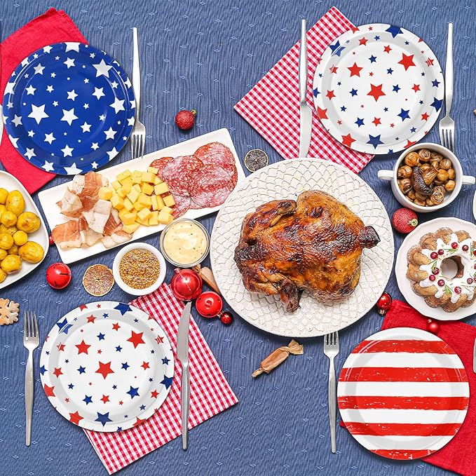 60pcs 4th of July Party Supplies Set American Flag Patriotic Party Paper Plates Disposable Red White Blue Star Dinnerware for Veterans Election Day 4th of July Independence Day Decorations Serve 60