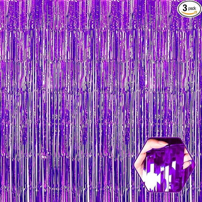 3 Pack Purple Foil Fringe Curtain Backdrop, 3.28Ft x 6.6Ft Metallic Tinsel Foil Fringe Streamer Curtains for Photo Booth, Christmas Day, Thanksgiving, Wedding, New Year Party Decorations