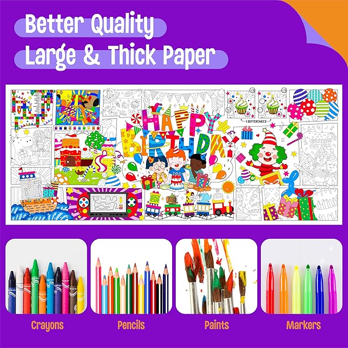 Birthday Coloring Poster, Large Coloring Activity Paper 75” x 31” Jumbo Size Paper DIY Painting Drawing Banner/Tablecloth for School, Birthday Parties, Versatile Wall Decor