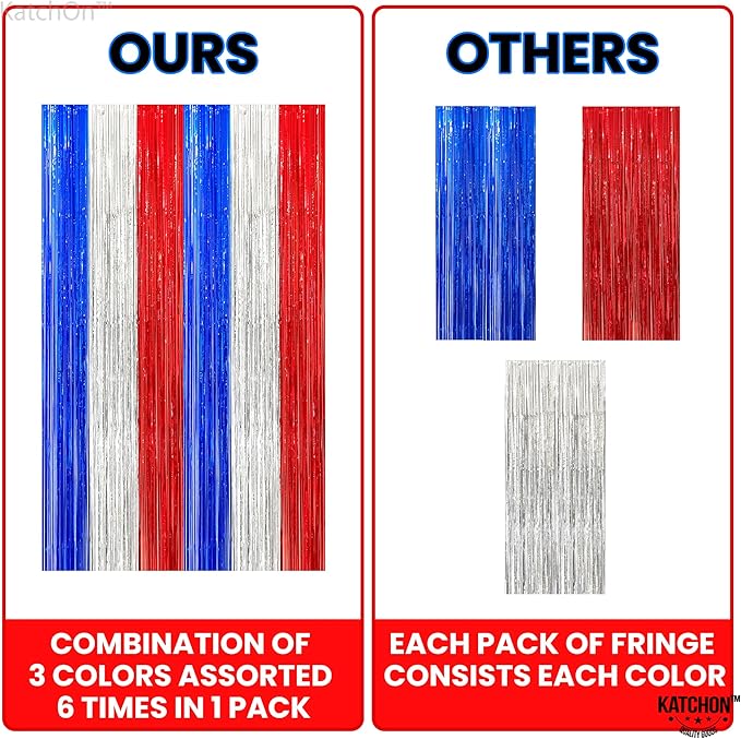 KatchOn, Red White and Blue Streamers - Xtralarge, 8x6.4 Feet, Pack of 2 | Red White And Blue Fringe Curtain for White Trash Party Decorations