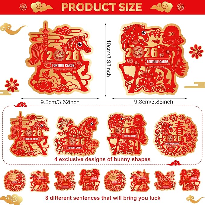 KYMY 2026 Chinese & Vietnamese New Year Scratch Cards – 64PCS Spring Festival Scratch Off Fortune Cards, Zodiac Horse Year Red Lucky Cards for Lunar New Year Party Decorations