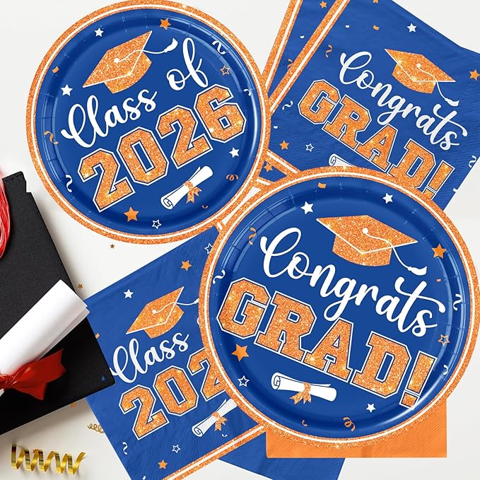 Orange and Blue Graduation Decorations, 200pcs Orange Graduation Plates and Napkins Class of 2026 Plates for Graduation Party Supplies,Serve 50